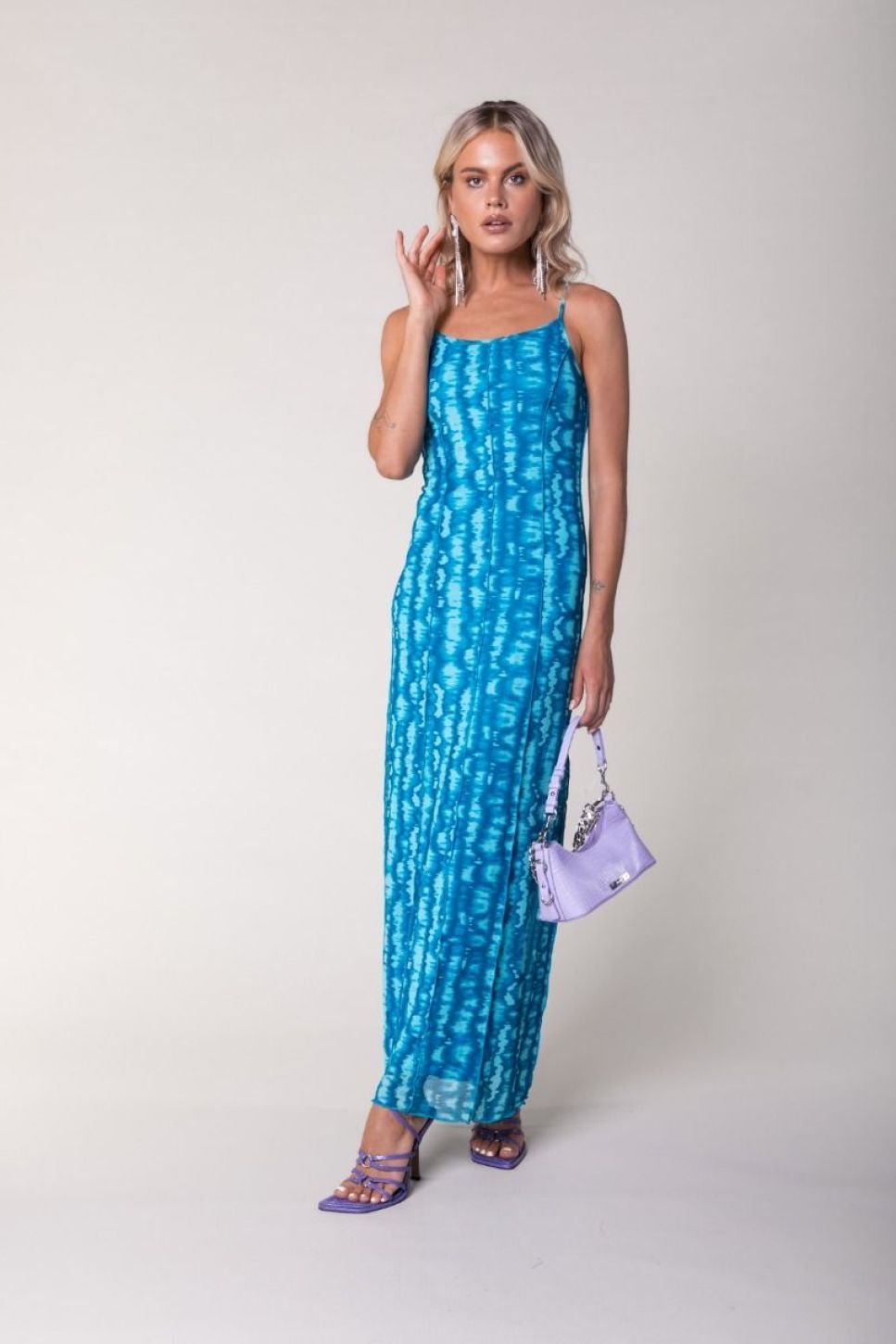 Colourful Rebel | Caia Tie Dye Mesh Maxi Dress SL - Light Turquoise