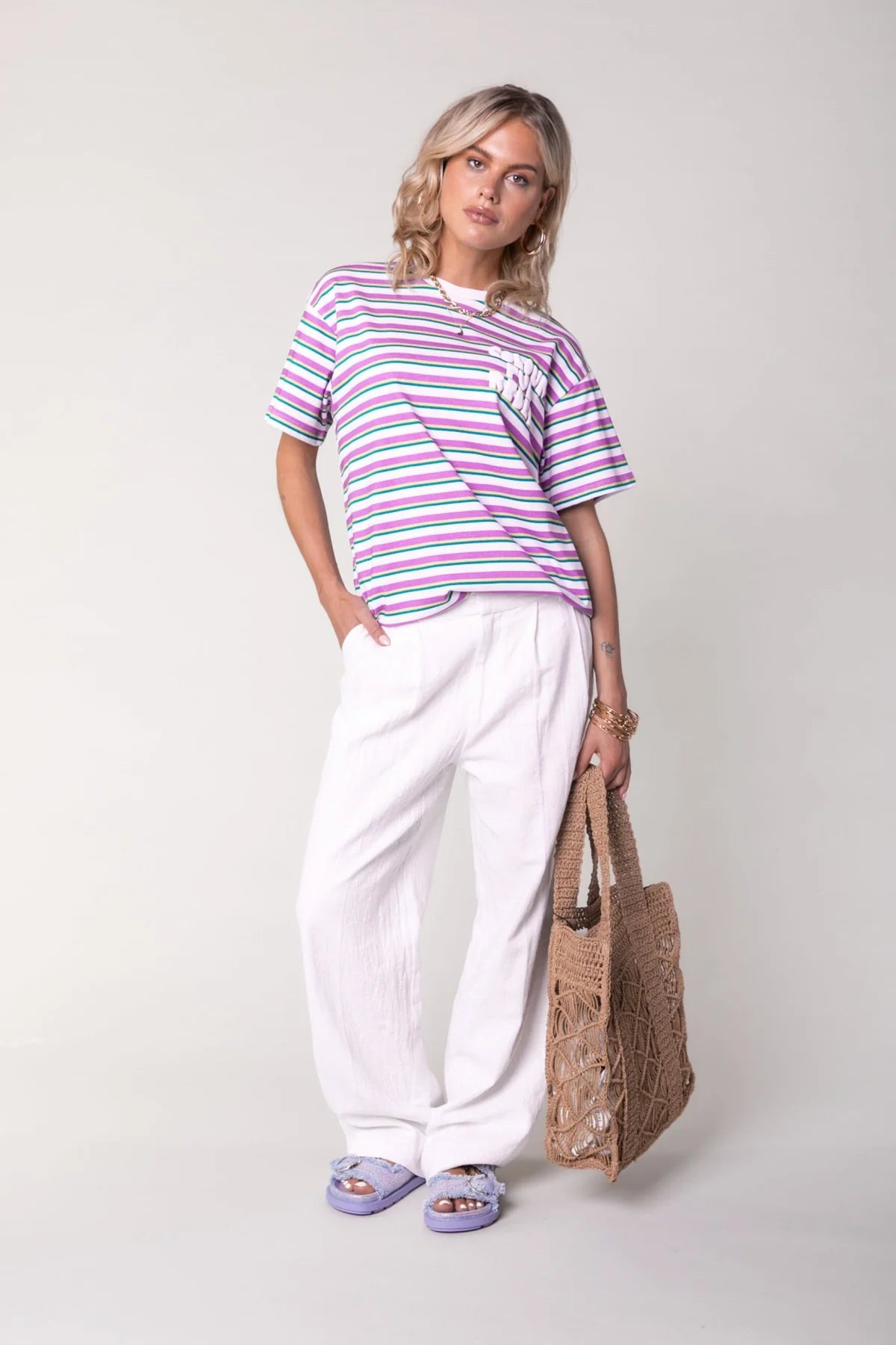 Colourful Rebel | Puff Logo Stripe T-shirt - Pink (WT116547)