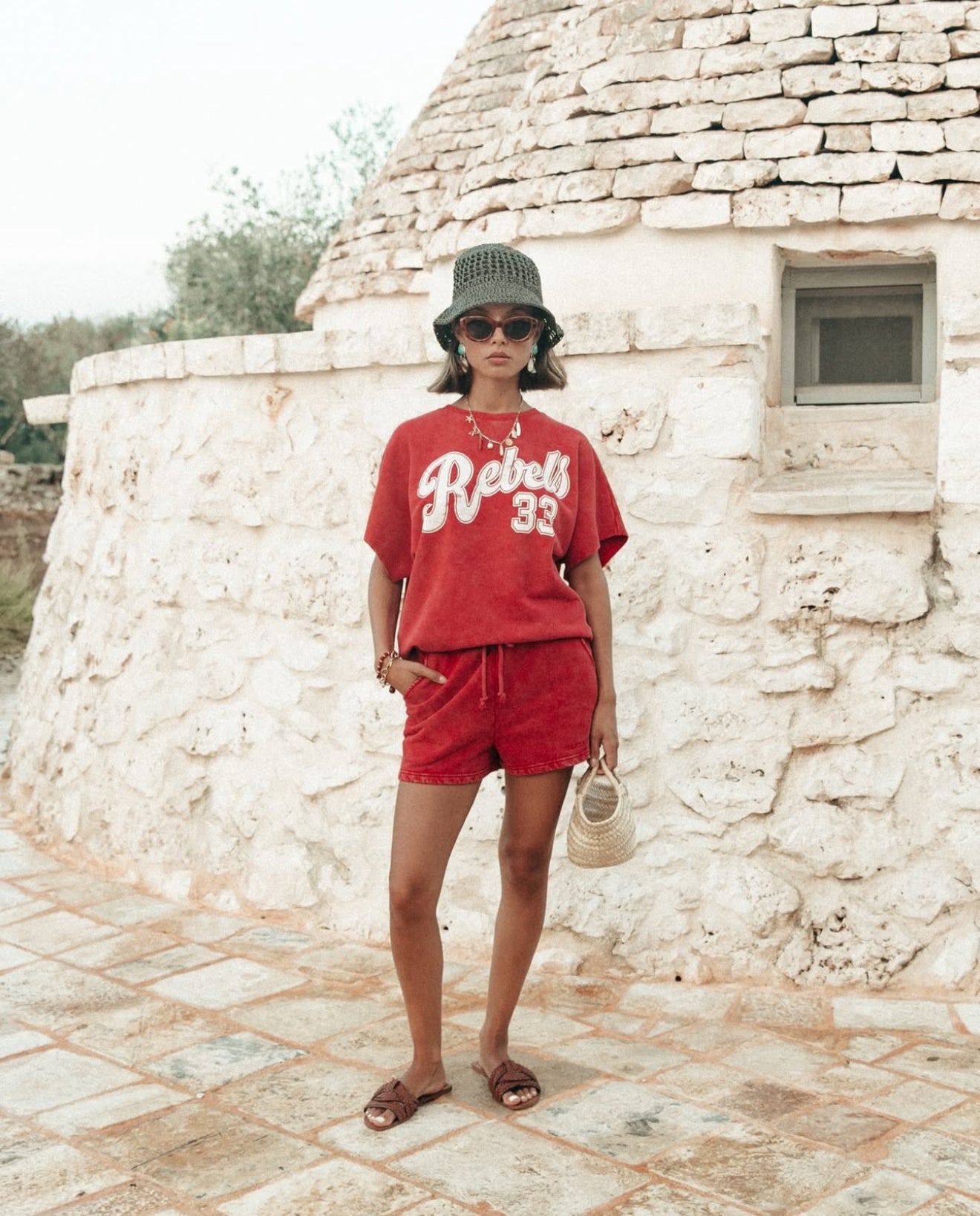 Colourful Rebel | Uni Logo Acid Wash Sweat Short - Racing Red