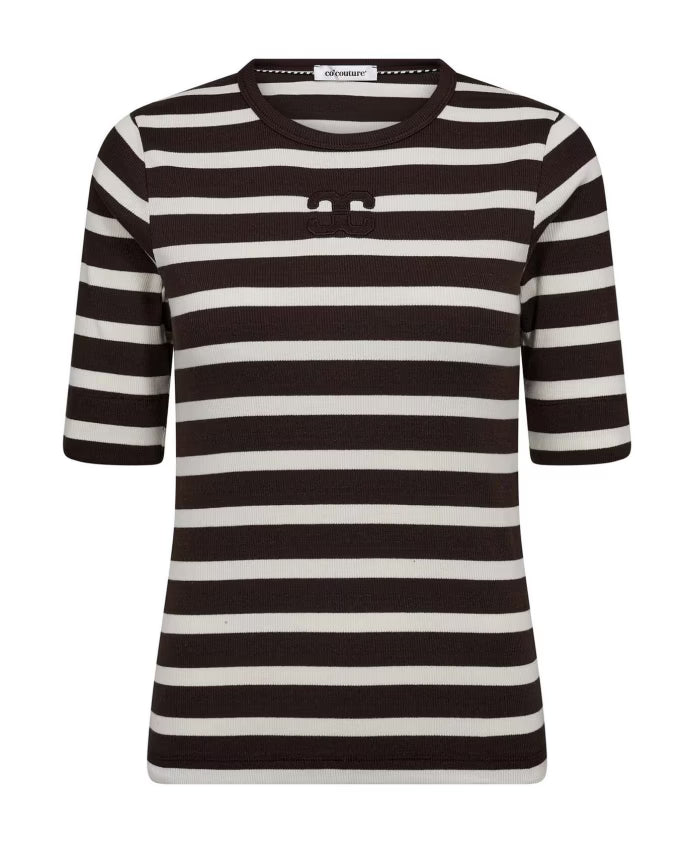 Co'Couture | GrannyCC Rib Emb SS T-shirt - OffWhite/DarkBrown (33206)