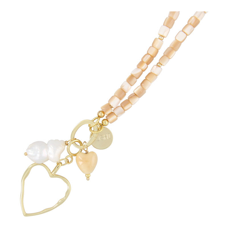 Fushi | Kettting blokjes schelp beige met clip en bedels