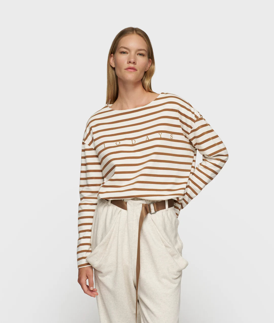 10DAYS | Boat Neck Top Stripes - Ecru/Suede