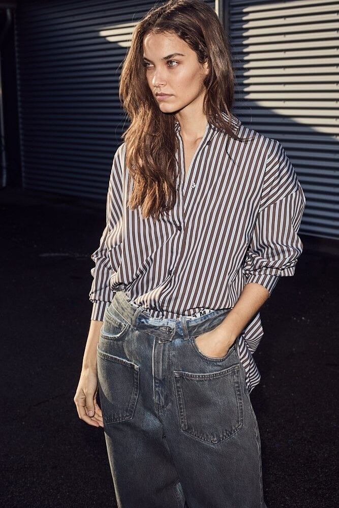 Haute L'Amitié | Melvin Stripe Twist Bow Shirt - Mocca Stripe (HL10211)