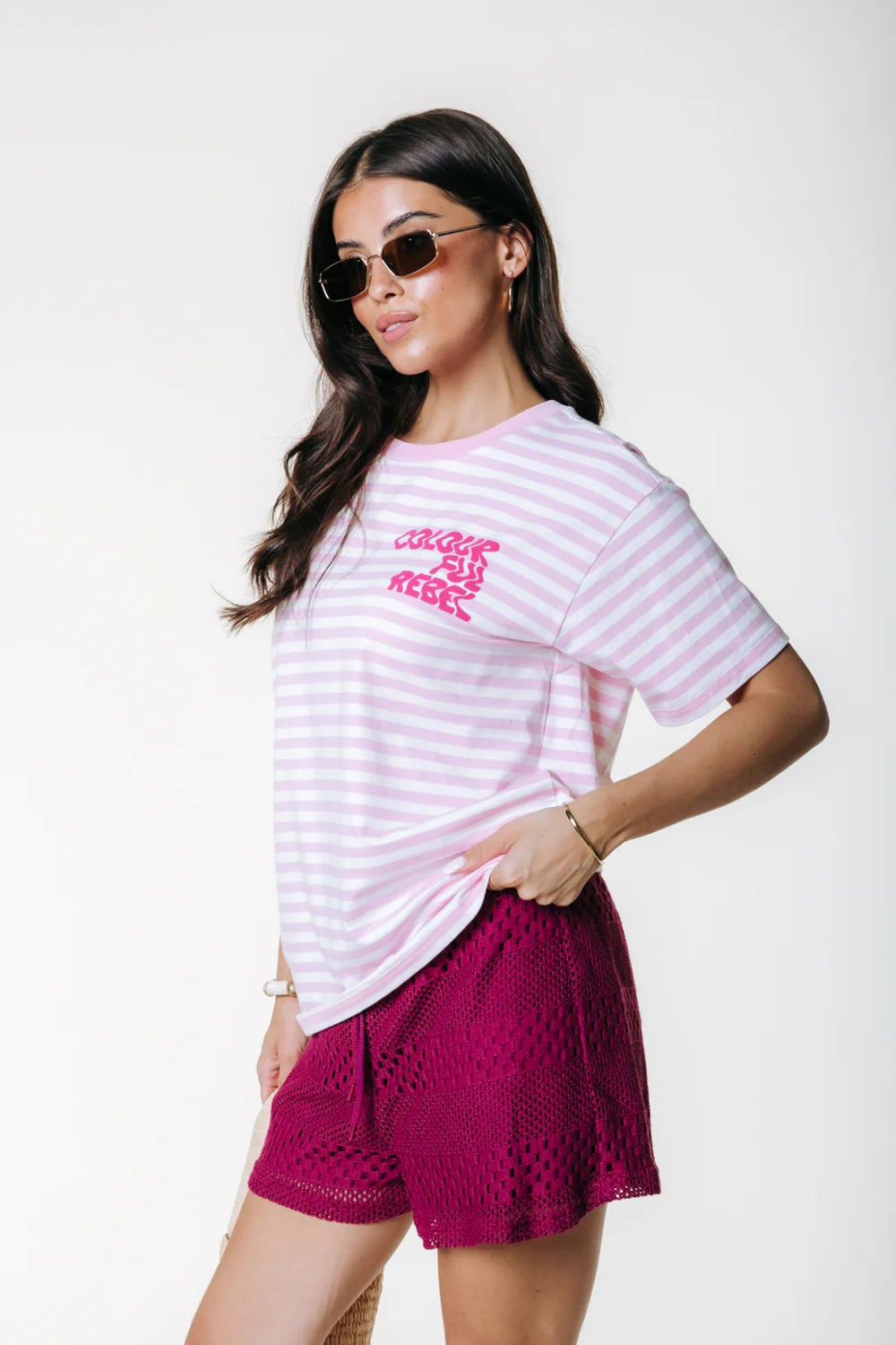 Colourful Rebel | Puff Logo Stripe Loosest Tee - Light Pink (WT117806)