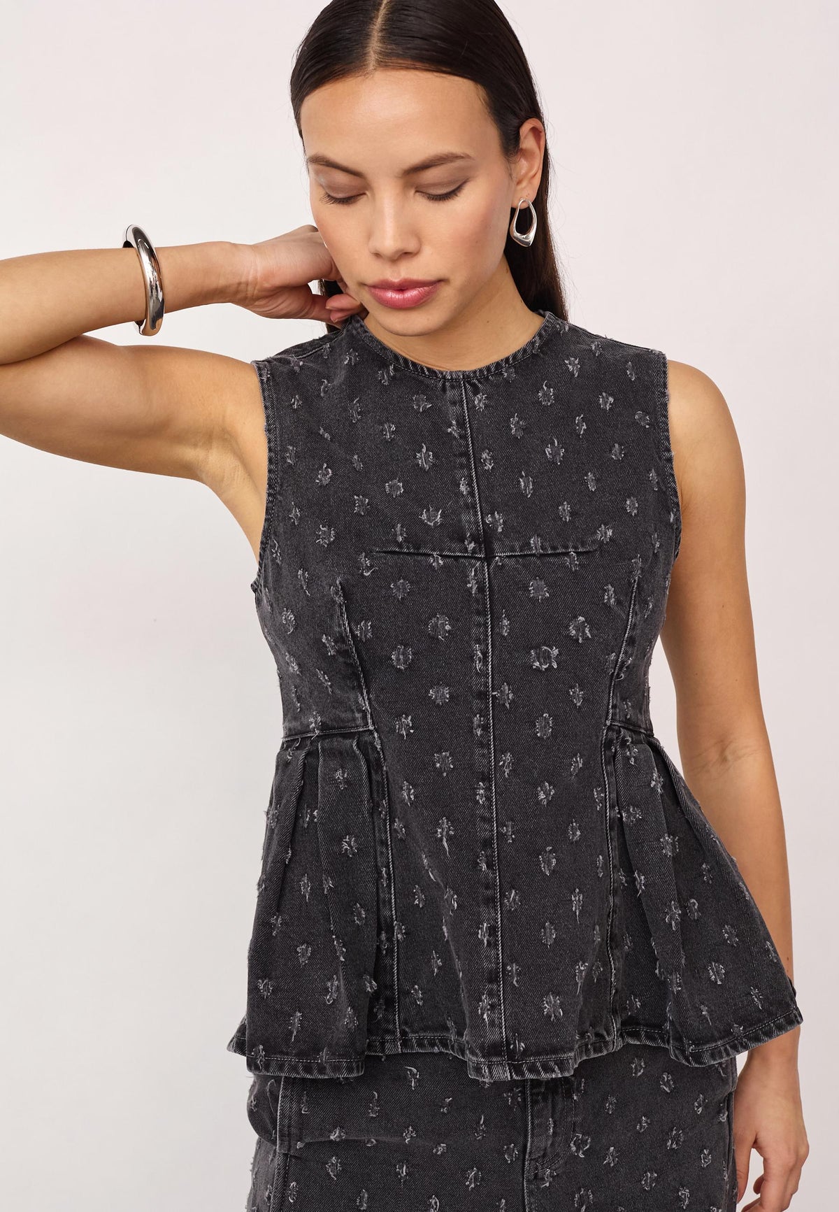Co'Couture | DerriCC Dot Denim Top - Mid Grey (500127)