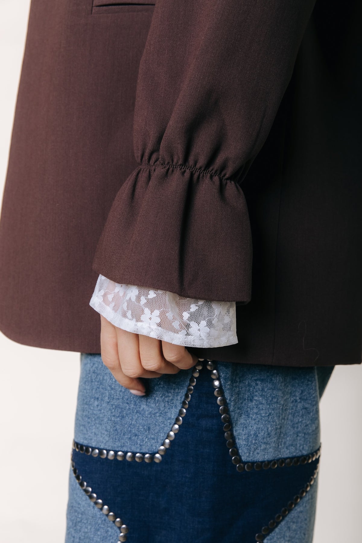 Colourful Rebel | Mimmi Lace Peplum Sleeve Blazer - Brown