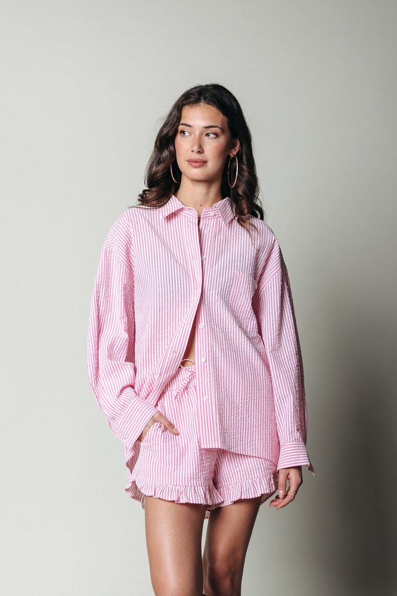 Colourful Rebel | Vicky Striped Dropped Shoulder Blouse - Bright Pink