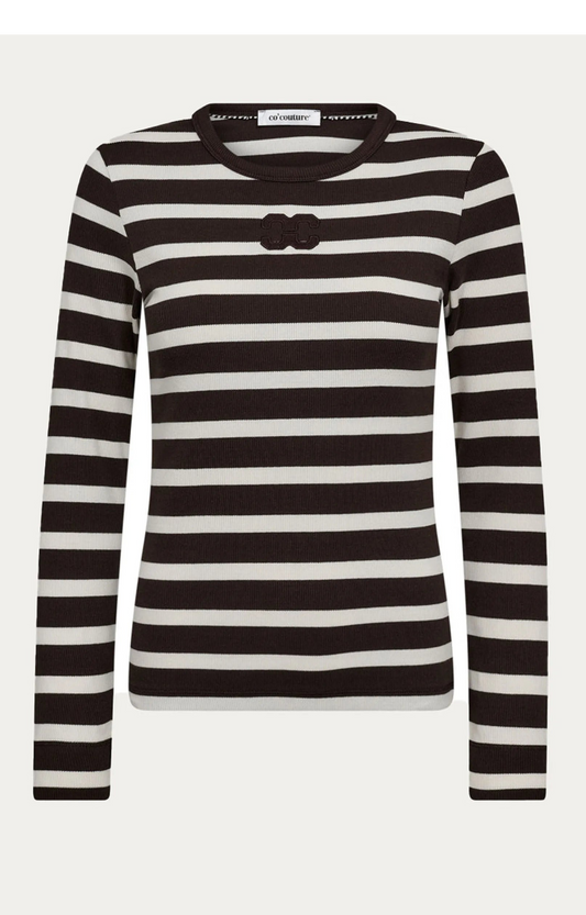 Co'Couture || GrannyCC Rib Emb LS Blouse - OffWhite-Black