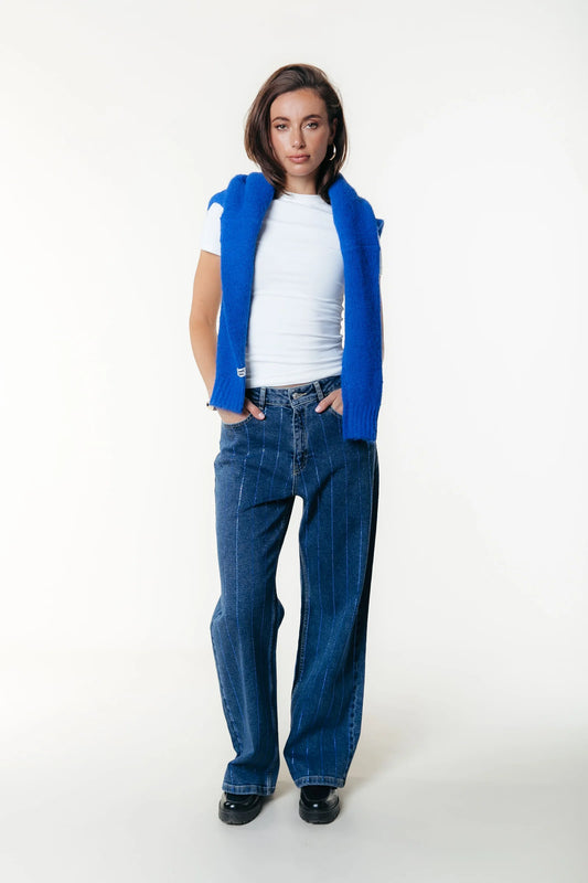 Colourful Rebel | Gaias Rhinestones High Rise Wide Leg Denim Pants - Dark blue