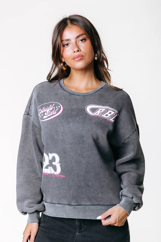 Colourful Rebel | Western Logo Acid Washed Sweat - Washed Grey