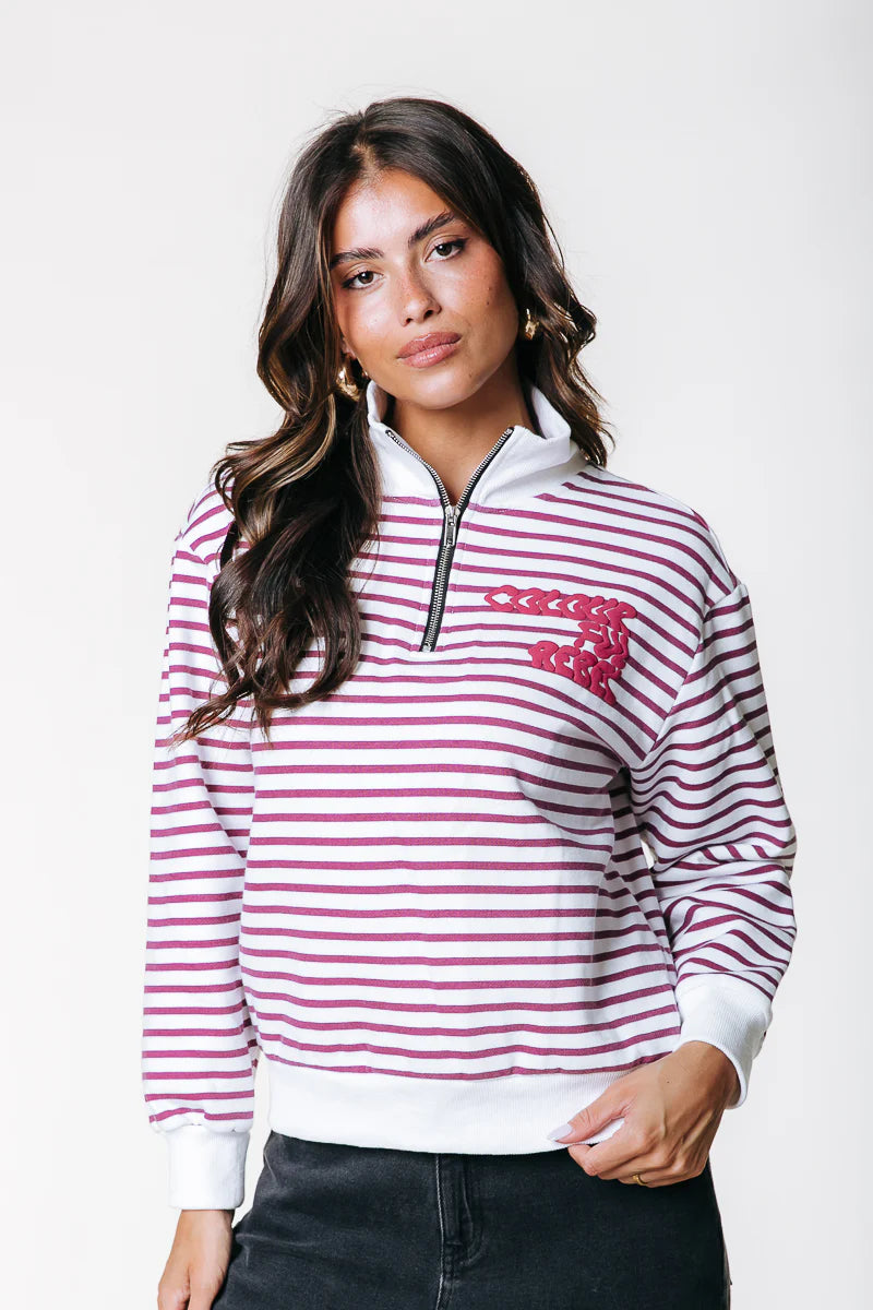 Colourful Rebel | Striped Relaxed Zip Sweat - Off White