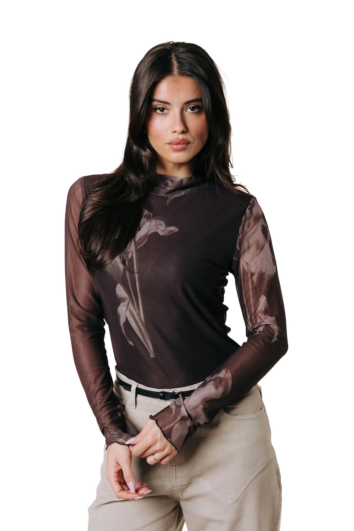 Colourful Rebel | Neyo Iris Flower Mesh Turtleneck Top - Brown