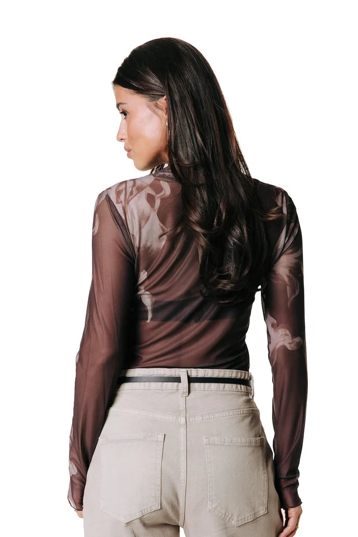 Colourful Rebel | Neyo Iris Flower Mesh Turtleneck Top - Brown