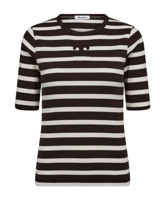 Co'Couture | GrannyCC Rib Emb SS T-shirt - OffWhite/DarkBrown (33206)