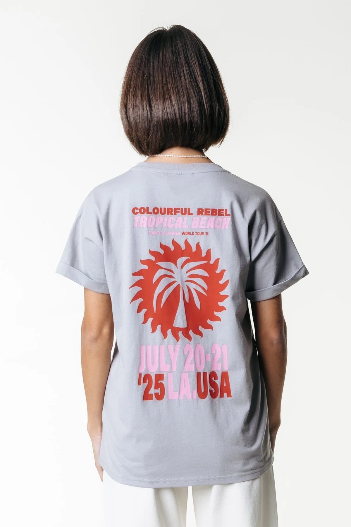 Colourful Rebel | Tropical Beach Tour Boxy Tee - Light grey