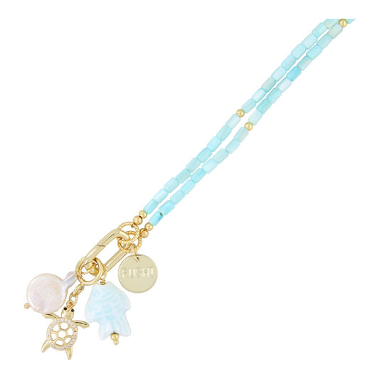Fushi | Ketting schelp lichtblauw met clip en bedels